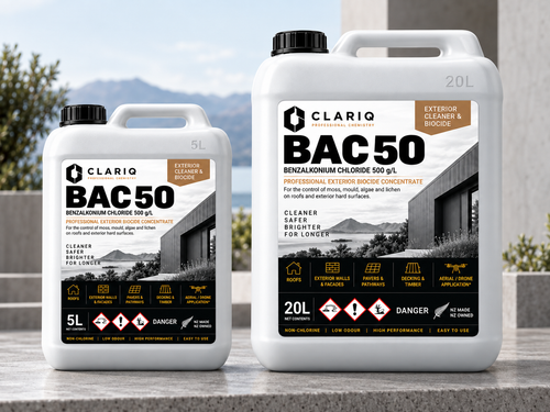 Two white plastic jugs of Clario BAC50 Benzenaluminium Chloride 500 g/L professional exterior brick concentrate, one 5L and one 20L, displayed outdoors on a stone surface with a blurred mountain background.