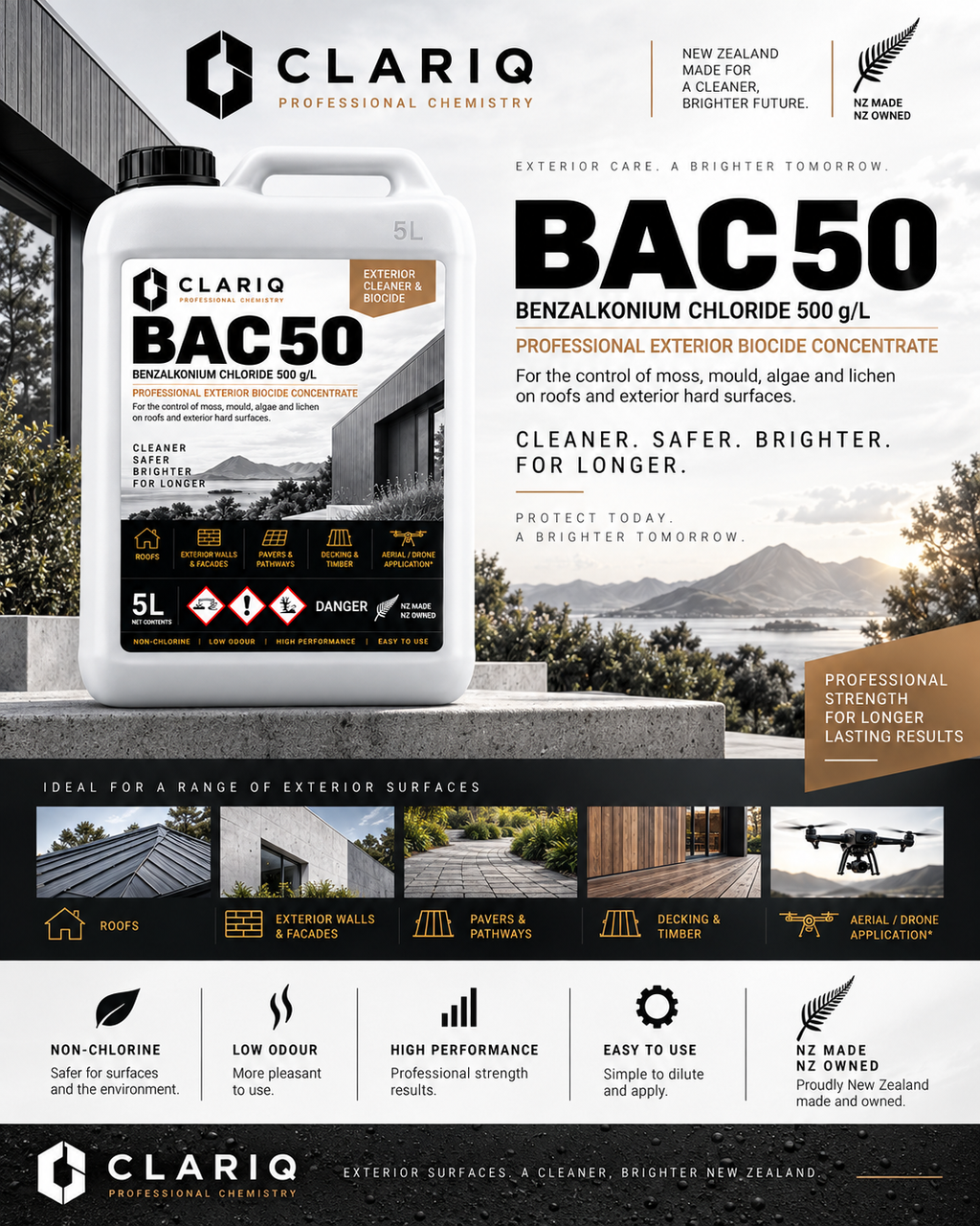 A 5L white plastic bottle of Clariq BAC 50 Benzalkonium Chloride 500g/l professional exterior biocide concentrate, shown on a dark promotional graphic background with product details, application icons, and text.